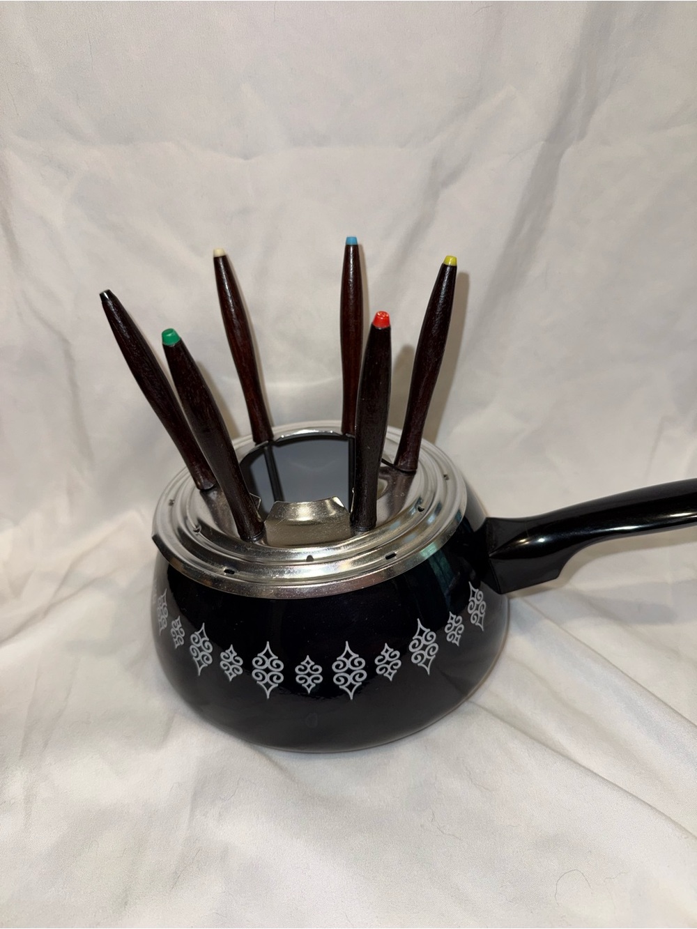 Vintage 1970’s Oster Black Fondue Pot with Wooden Forks